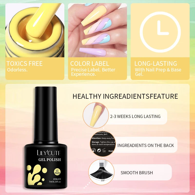 LILYCUTE Gel Nail Polish Set – 7ml Colorful UV Gel Varnish for Manicure | Long-Lasting Semi-Permanent Soak Off Nail Art Base & Top Coat