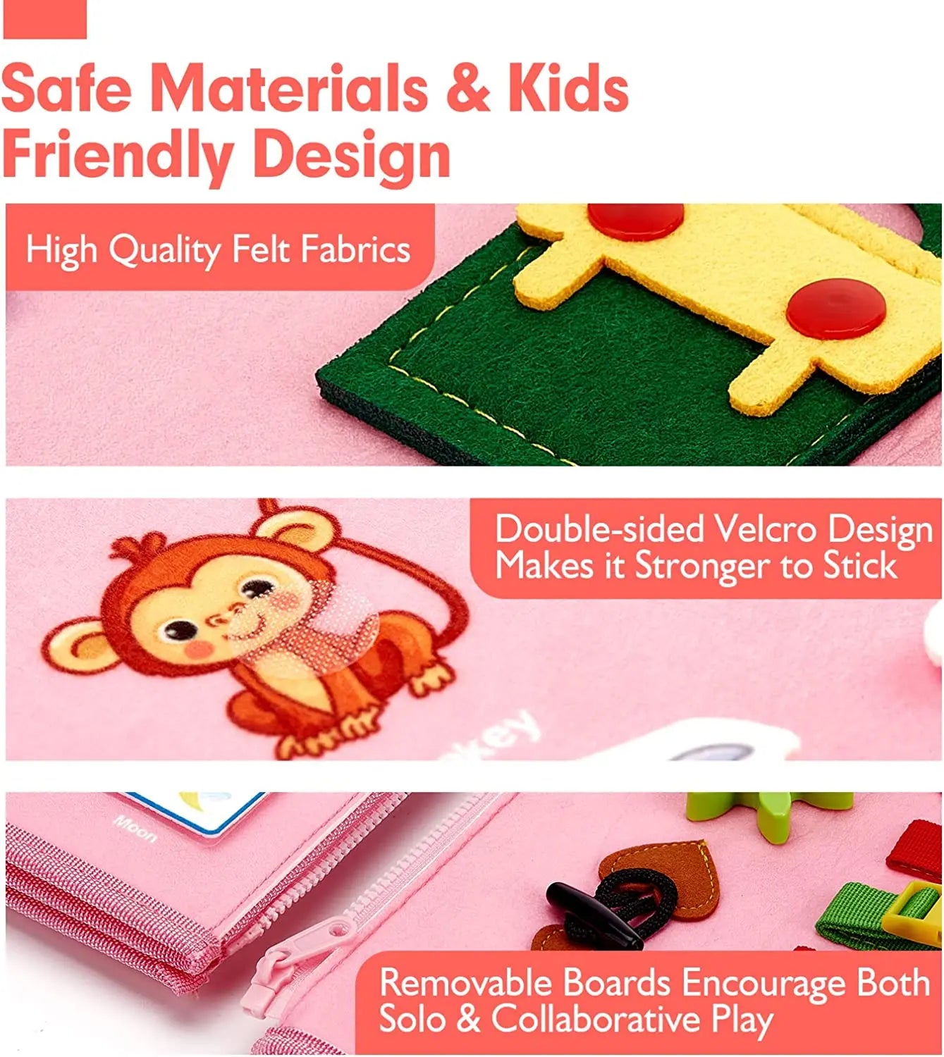Montessori Toddler Busy Board – Sensory Learning Toy for Fine Motor Skills, Zippers, Buckles & Laces – Travel Toy for 1-4 Year Olds