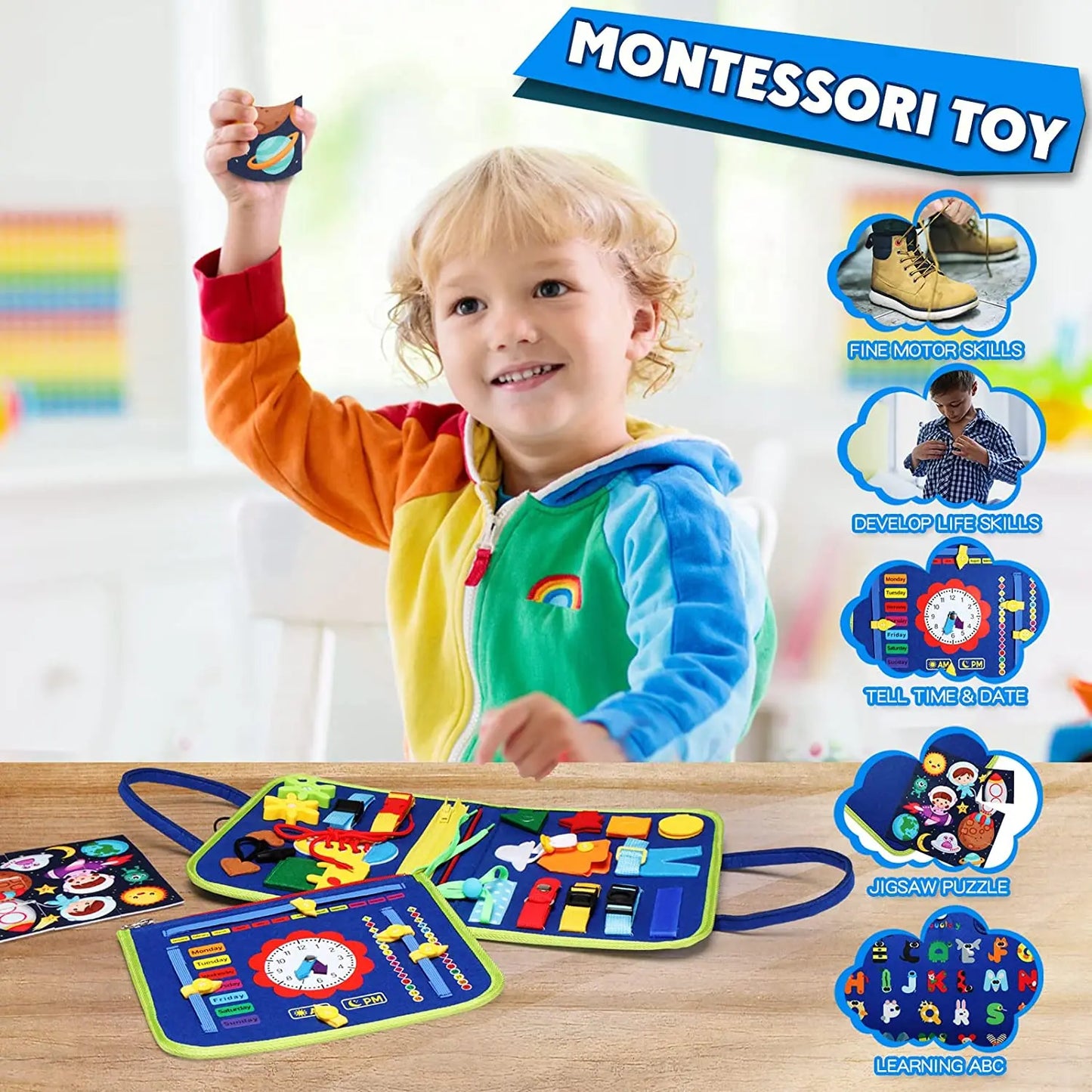 Montessori Toddler Busy Board – Sensory Learning Toy for Fine Motor Skills, Zippers, Buckles & Laces – Travel Toy for 1-4 Year Olds