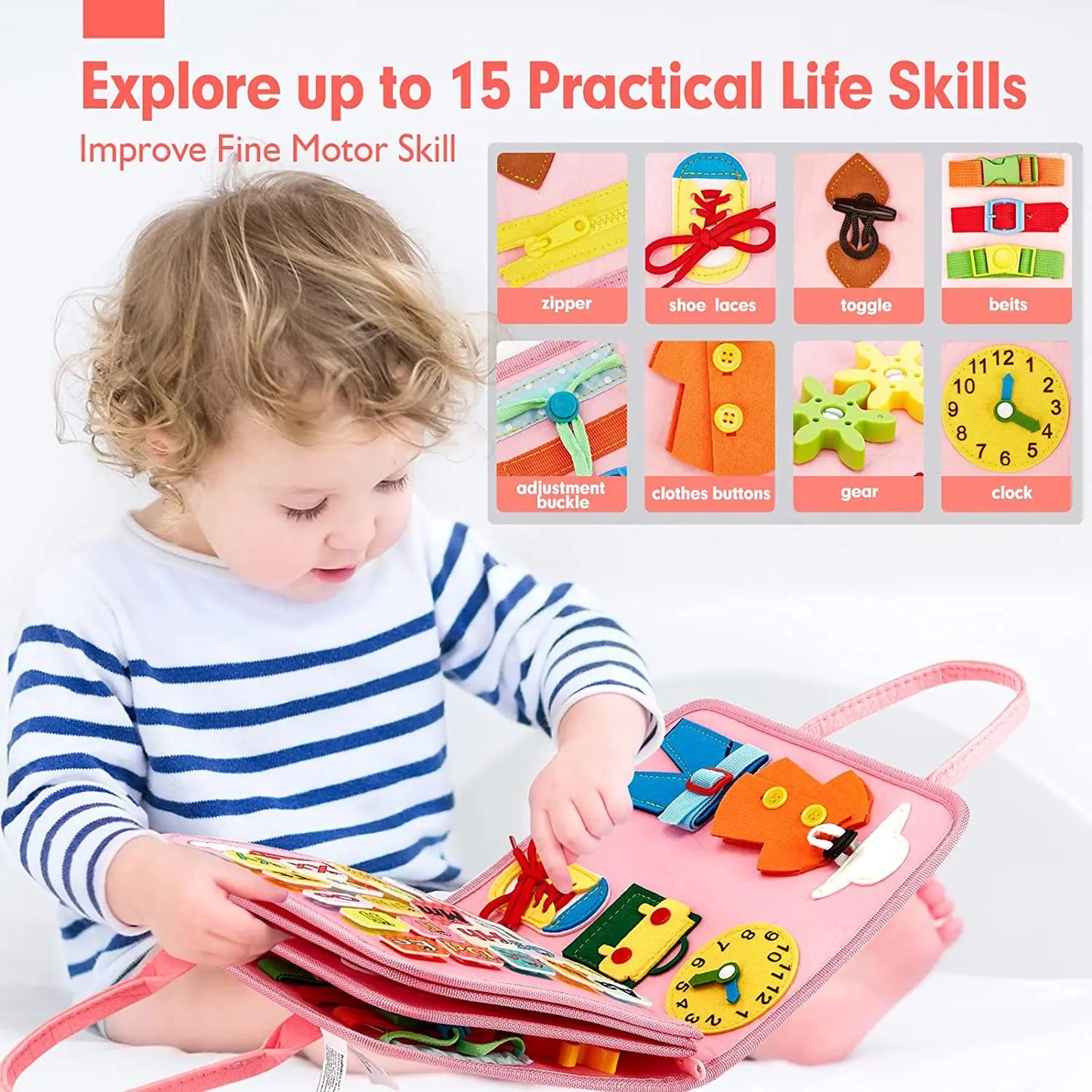 Montessori Toddler Busy Board – Sensory Learning Toy for Fine Motor Skills, Zippers, Buckles & Laces – Travel Toy for 1-4 Year Olds