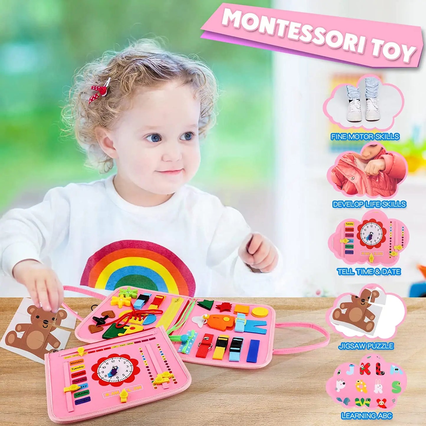 Montessori Toddler Busy Board – Sensory Learning Toy for Fine Motor Skills, Zippers, Buckles & Laces – Travel Toy for 1-4 Year Olds