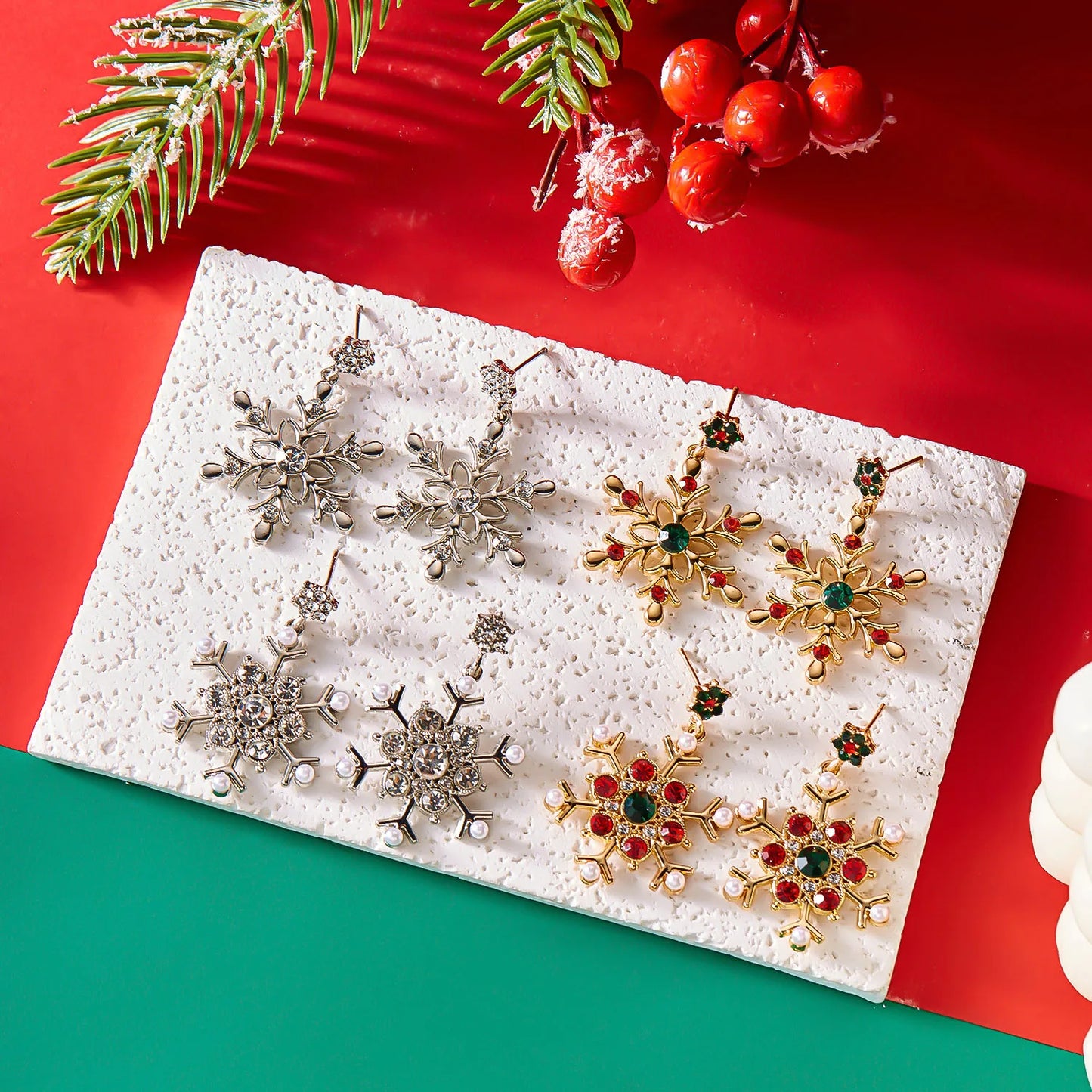 Christmas Snowflake Earrings – Crystal & Pearl Dangle Studs for Women