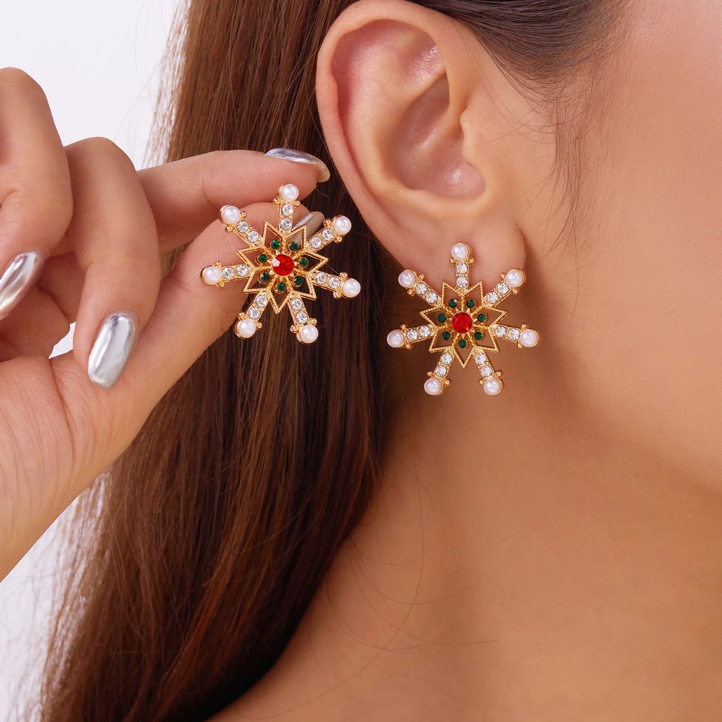 Christmas Snowflake Earrings – Crystal & Pearl Dangle Studs for Women