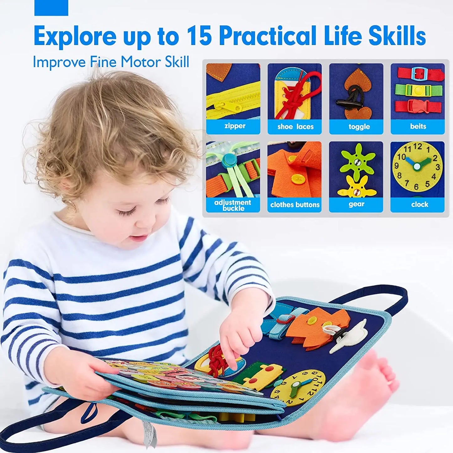 Montessori Toddler Busy Board – Sensory Learning Toy for Fine Motor Skills, Zippers, Buckles & Laces – Travel Toy for 1-4 Year Olds