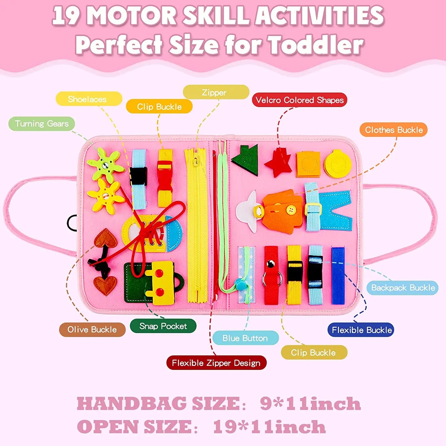 Montessori Toddler Busy Board – Sensory Learning Toy for Fine Motor Skills, Zippers, Buckles & Laces – Travel Toy for 1-4 Year Olds