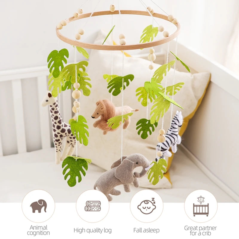 Baby Crib Mobile – Forest Animal Hanging Rattle Toy with Wooden Arm (0–12 Months)