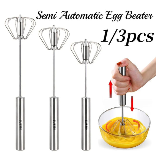 Stainless Steel Semi Automatic Egg Beater – Self Turning Hand Whisk Mixer Kitchen Gadget