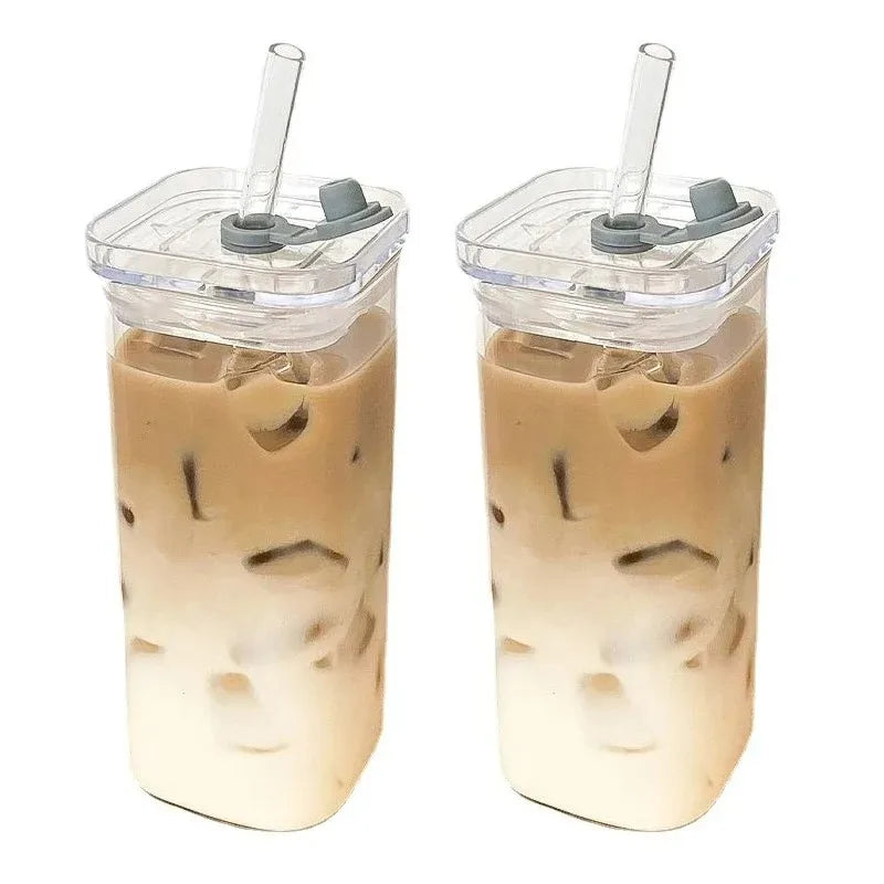 Square Heat-Resistant Glass Cup with Lid & Straw – Clear Iced Coffee, Milk Tea, Juice Mug for Home & Bar Use