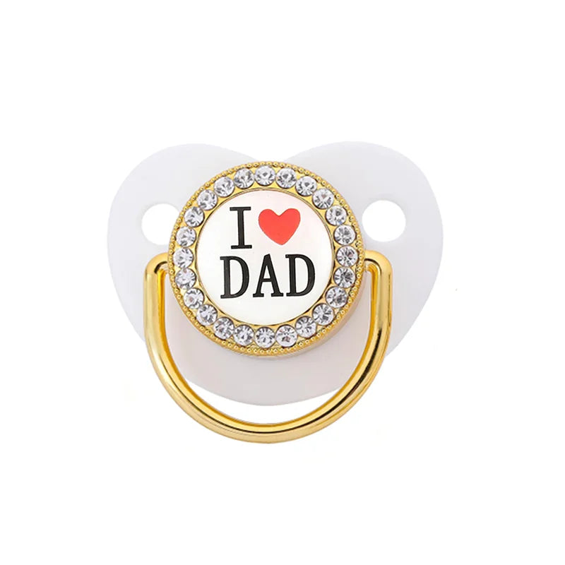 Bling Baby Pacifier – BPA-Free Silicone Dummy with "I Love Mum & Dad" Design (Newborn Shower Gift)