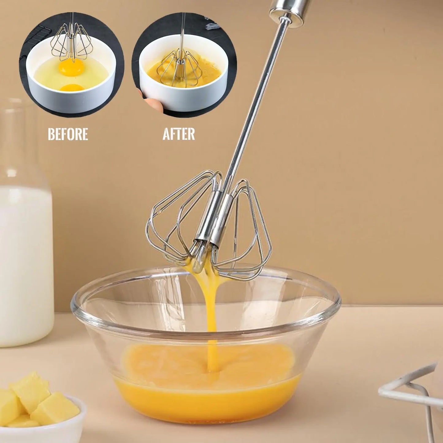 Stainless Steel Semi Automatic Egg Beater – Self Turning Hand Whisk Mixer Kitchen Gadget