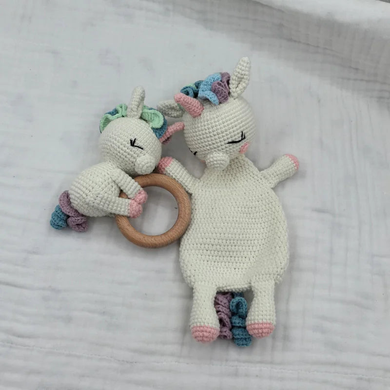 Baby Lovey Security Blanket with Animal Rattle – Soft Cotton Burp Cloth & Bib Combo (Newborn Shower Gift)