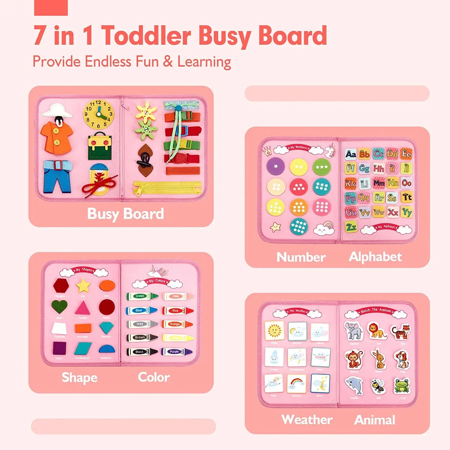 Montessori Toddler Busy Board – Sensory Learning Toy for Fine Motor Skills, Zippers, Buckles & Laces – Travel Toy for 1-4 Year Olds