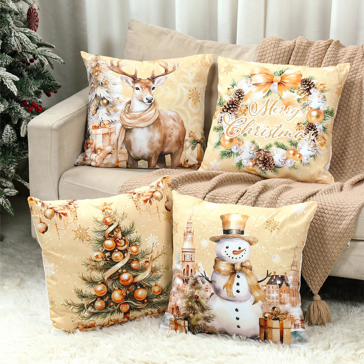 4PCS Merry Christmas Pillow Covers – Holiday Decor Set