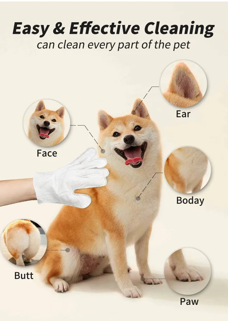 Pet Cleaning Gloves – Disposable Bath & Grooming Wipes for Dogs & Cats (No-Rinse, Odor-Removing, Moisturizing)
