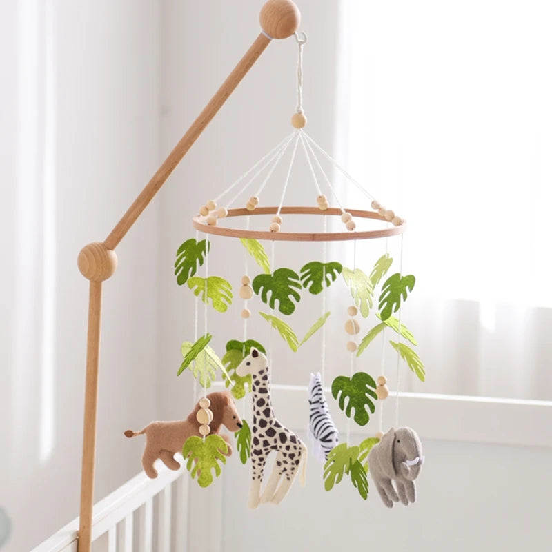 Baby Crib Mobile – Forest Animal Hanging Rattle Toy with Wooden Arm (0–12 Months)