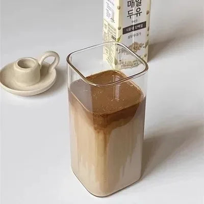 Square Heat-Resistant Glass Cup with Lid & Straw – Clear Iced Coffee, Milk Tea, Juice Mug for Home & Bar Use