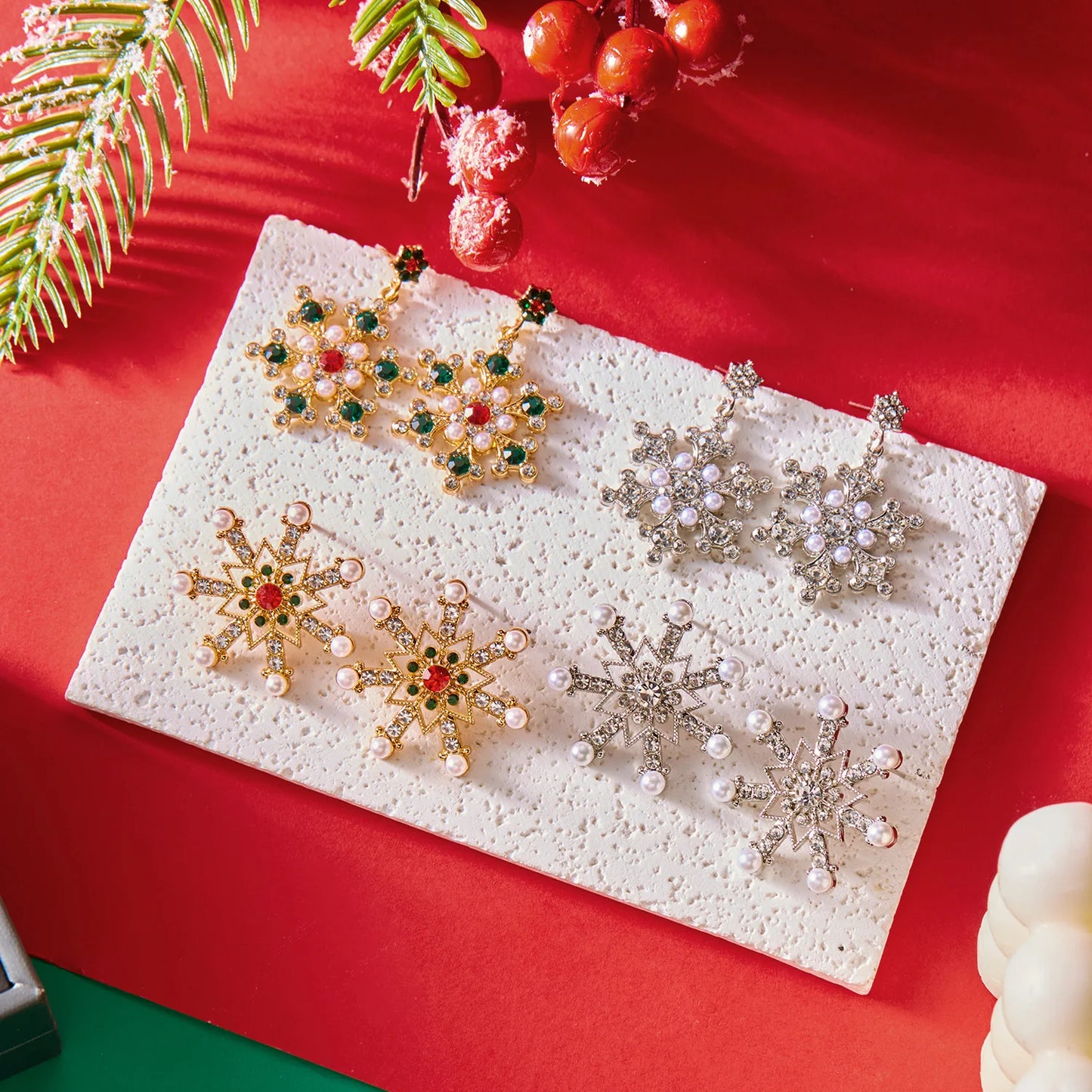 Christmas Snowflake Earrings – Crystal & Pearl Dangle Studs for Women