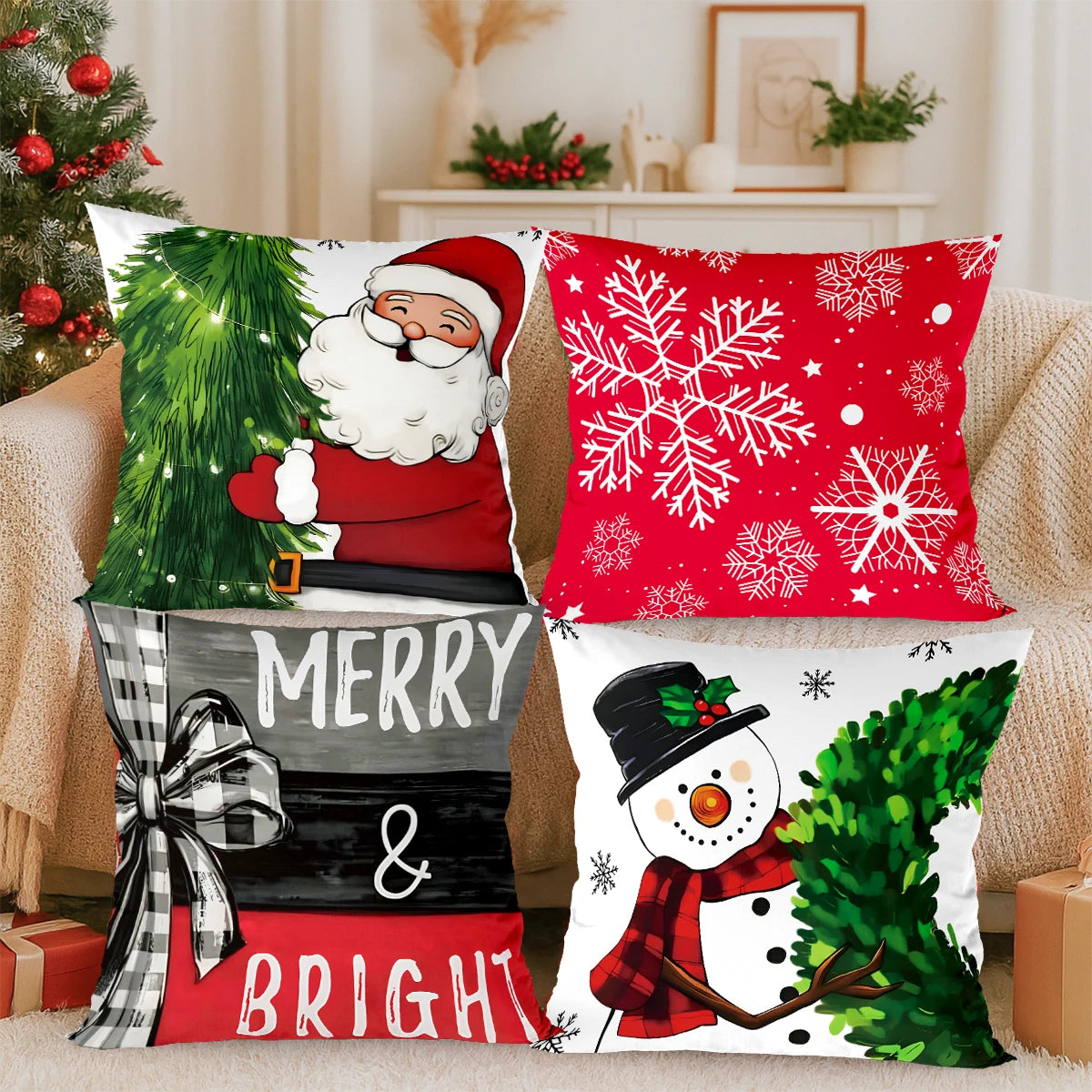 4PCS Merry Christmas Pillow Covers – Holiday Decor Set